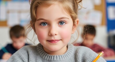 Smiling girl in classroom wearing gray sweater holds pencil and focuses on her work during school activity