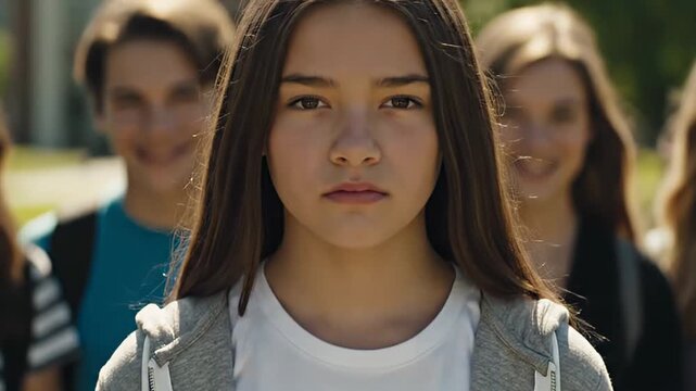Image of a solemn young student gazing directly at the viewer. A melancholy teenage girl experiencing feelings of isolation and harassment amidst a group of jeering onlookers
