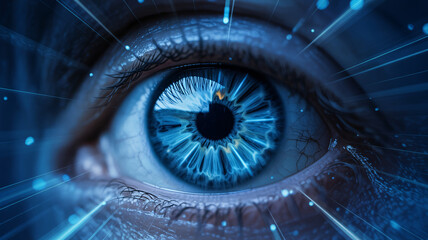 Captivating blue eye with radiant light beams, perfect for illustrating vision, technology, or futuristic concepts, creating a sense of wonder and innovation