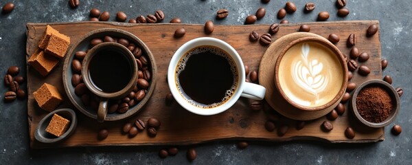 Enjoy a warm beverage with delicious sweets and coffee beans. Rich aroma of freshly brewed coffee fills the air. Perfect morning start or relaxing break.