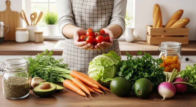 Fresh vegetables and fruits displayed on kitchen counter with hands holding ripe tomatoes - Powered by Adobe