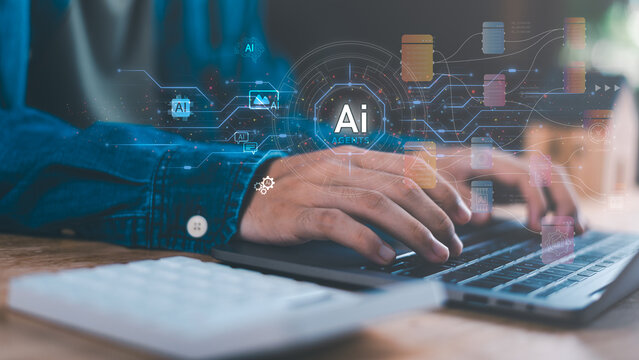 Artificial intelligence agents on laptop screen, digital automation for data analysis, machine learning innovation, smart technology for business solutions, future computing and AI workflow. - Powered by Adobe