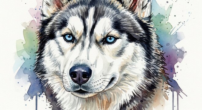 Watercolor portrait of a majestic Siberian Husky with striking blue eyes and a colorful background.