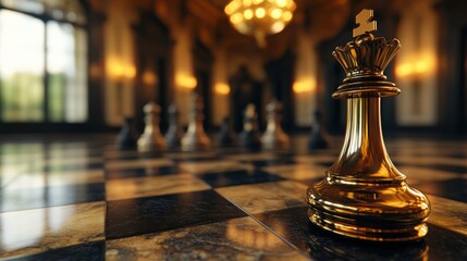 A close-up of a golden chess king piece stands prominently on a polished checkered board, evoking themes of strategy and competition, ideal for articles on leadership, decision-making, or games,