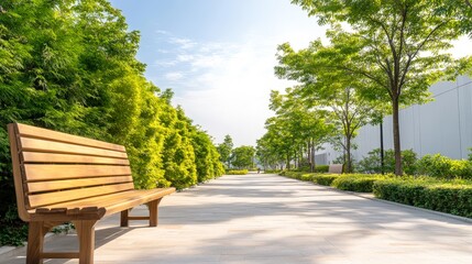 A serene pathway lined with lush greenery and wooden benches, perfect for relaxation or leisurely walks, Ideal for nature, wellness, or outdoor lifestyle themes in marketing materials,
