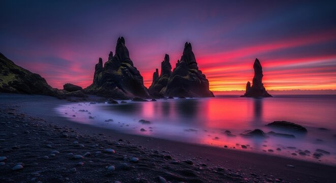 Dramatic sunset over rocky sea stacks at a secluded black sand beach in Iceland - Powered by Adobe