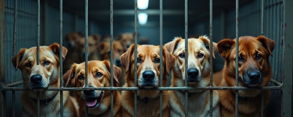 Fototapeta na wymiar Many brown dogs with sad eyes wait in metal cages at animal shelter. Animals look through bars hoping for adoption. Hopeful pets need loving homes and rescue.