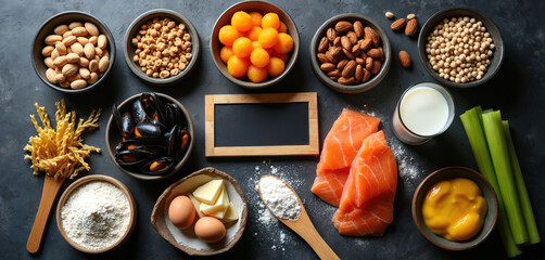 Common food allergens arranged on dark background. Includes nuts fish shellfish dairy eggs wheat soy plus other ingredients. Healthy eating concept.