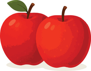 Two bright red apples with green leaf and brown stems