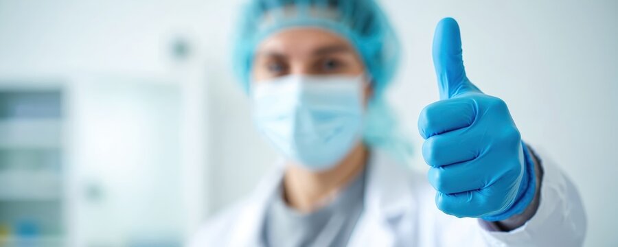 Healthcare worker with surgical mask and protective blue gloves shows thumbs up. Laboratory specialist in medical uniform celebrates vaccine success. Medical pro gives optimistic sign after research.