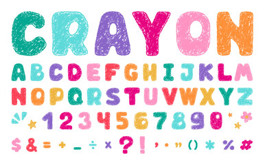 English crayon alphabet kid hand drawn number and letter. Color pencil design font . Playful colorful drawing art for school projects or learning. Children vector illustration of chalk pastel