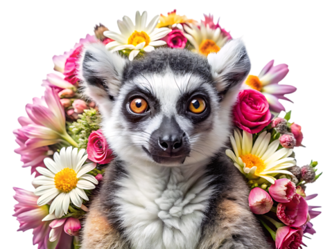Closeup portrait of a ringtailed lemur with striking orange eyes, adorned with a vibrant halo of pink and white flowers, isolated on transparent background