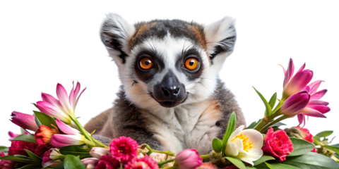 A charismatic ring-tailed lemur portrait with large orange eyes surrounded by bright colorful flowers against a white background