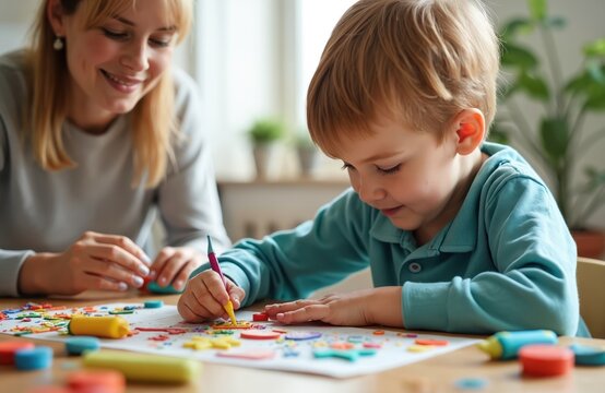 Mother watches her son play with colorful modeling clay at home. Young boy uses tools to shape figures and figures for art. Family enjoys creative playtime together indoors.