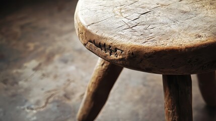 Close-up of a three-legged wooden stool