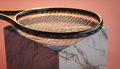 Modern tennis racket resting elegantly on marble cube, perfect for sports advertising or fitness brand campaigns with a touch of sophisticated style