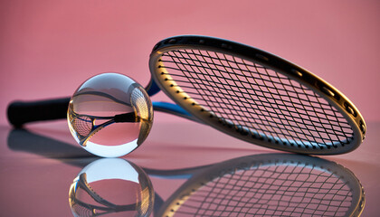 Elegant tennis racket still life with crystal ball reflections against a vibrant pink backdrop for sports enthusiasts and creative marketing campaigns