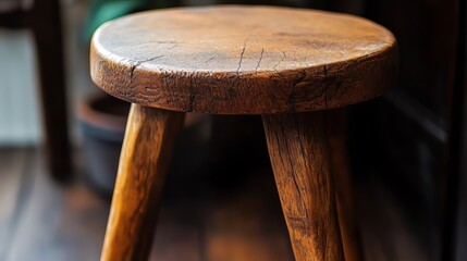 Close-up of a three-legged wooden stool