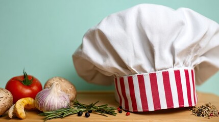 Chef's hat sits on a wooden cutting board with a variety of vegetables and herbs. Concept of creativity and culinary expertise, as the chef is ready to prepare a delicious meal