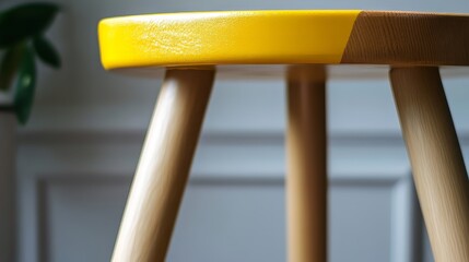 Close-up of a yellow stool with wooden seat