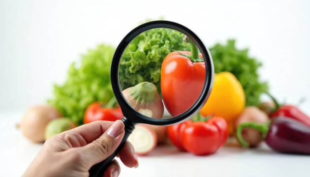 Woman inspects fresh vegetables with magnifying glass examining for safe food quality. She checks produce for pesticides, bio risks, or harmful chemicals.