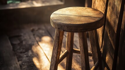 Close-up of old wooden stool in sunlight against a rustic setting