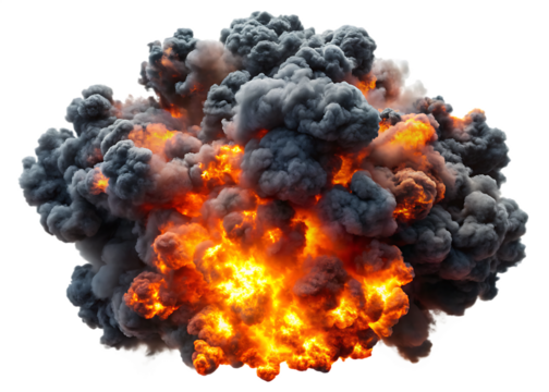 Fiery explosion with dark smoke isolated on white background
