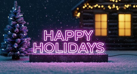 Bright holiday sign glowing in the snow at a cozy cabin with Christmas decorations at night