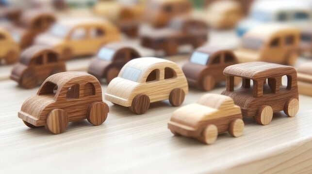 Colorful wooden toy cars are arranged on a light wooden surface, showcasing various shapes and sizes, ideal for children's play, educational materials, or marketing in toy stores,