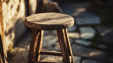 Close-up of old wooden stool in sunlight against a rustic setting