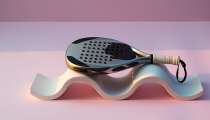 Modern paddle tennis racket resting on a wavy stand against a soft pink backdrop, perfect for sports equipment ads or lifestyle content