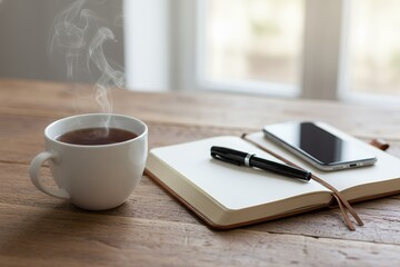 Coffee cup with steaming drink beside notebook and smartphone on table digital detox concept phone off