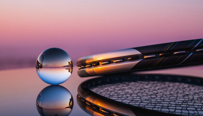 Tennis racket and crystal ball reflecting dreamy sunset colors for sports promotion or inspirational themes, perfect for motivational content creators