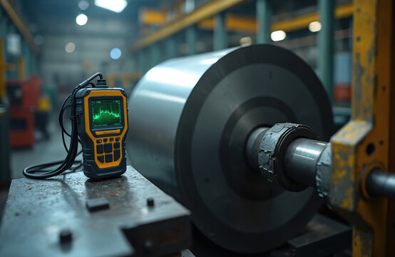 Industrial ultrasonic device tests steel roller for defects. Machine measures internal structure, surface flaws using sound waves. Quality control inspects metal component in factory production line.