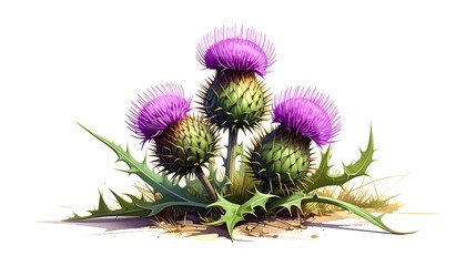 Artistic watercolor illustration of a scottish thistle with detailed petals and leaves