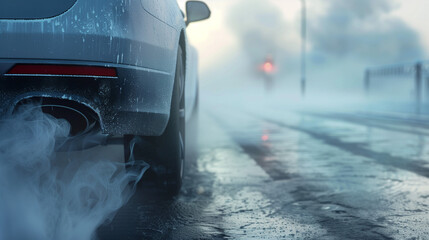 Car releasing exhaust smoke on wet street in foggy weather  