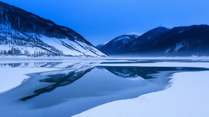 Winter mountains reflected in frozen water surface