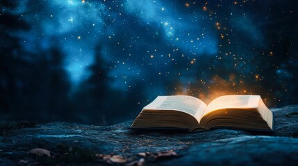 An open book rests on a rocky surface under a starry night sky, emitting a warm glow with sparkling particles, This magical scene is ideal for themes like imagination, storytelling, and exploration,