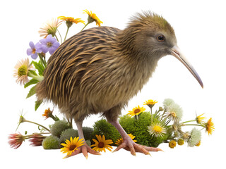 A fluffy brown kiwi bird standing amongst a variety of colorful wildflowers and green foliage, isolated on a transparent background