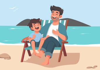 Fototapeta premium Illustration Father and Son Relaxing on Beach Chair
