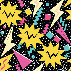 Obraz premium Energetic 80s Memphis Pattern with Starbursts and Lightning Bolts