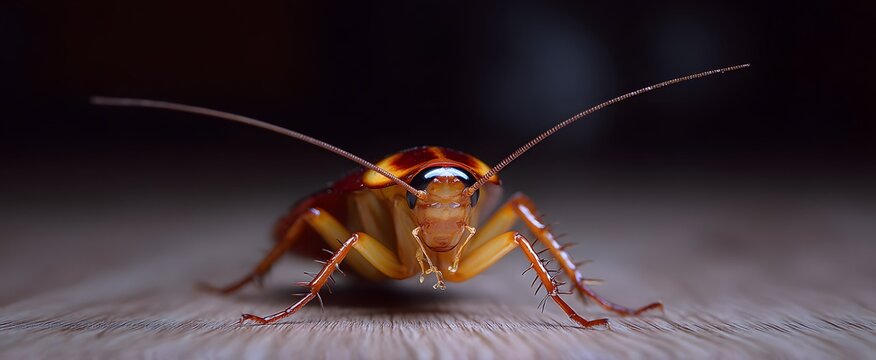 A medium shot shows a typical home cockroach crawling on the floorboards.