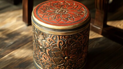 Decorative stool with red and gold tones