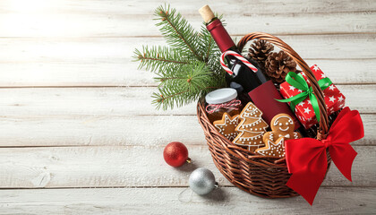 Christmas Gift Basket with Wine and Gingerbread on White Wooden Background