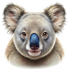 Closeup portrait of a cute koala bear with fluffy fur and large ears, isolated on a transparent background, showcasing its distinctive blue nose and gentle expression, a beloved australian marsupial