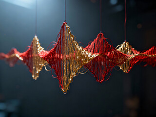 Artistic Physical Representation of a Dynamic Waveform or Sound Signal Crafted from Interwoven Red and Gold Threads, Conceptualizing Music and Creative Technology on a Dark Background