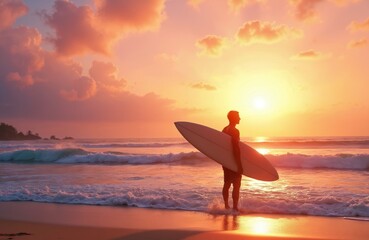 Man with surfboard stands on beach at sunset. Gentle waves wash ashore as sun sets over ocean horizon. Tropical paradise landscape.