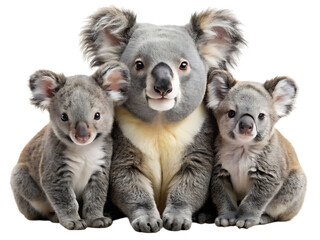 A mother koala with her two joeys sitting together, isolated on transparent background