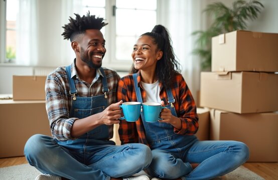 Couple celebrates new home, sitting on floor with coffee cups amid moving boxes. They share smiles, symbolizing new beginnings, happiness, and property ownership. Future plans are discussed.
