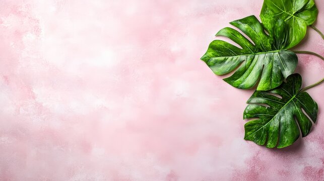 Fresh green monstera leaves contrasting with a soft pink background, perfect for design projects, branding, or social media content, Ideal for concepts related to nature, freshness, and wellness,